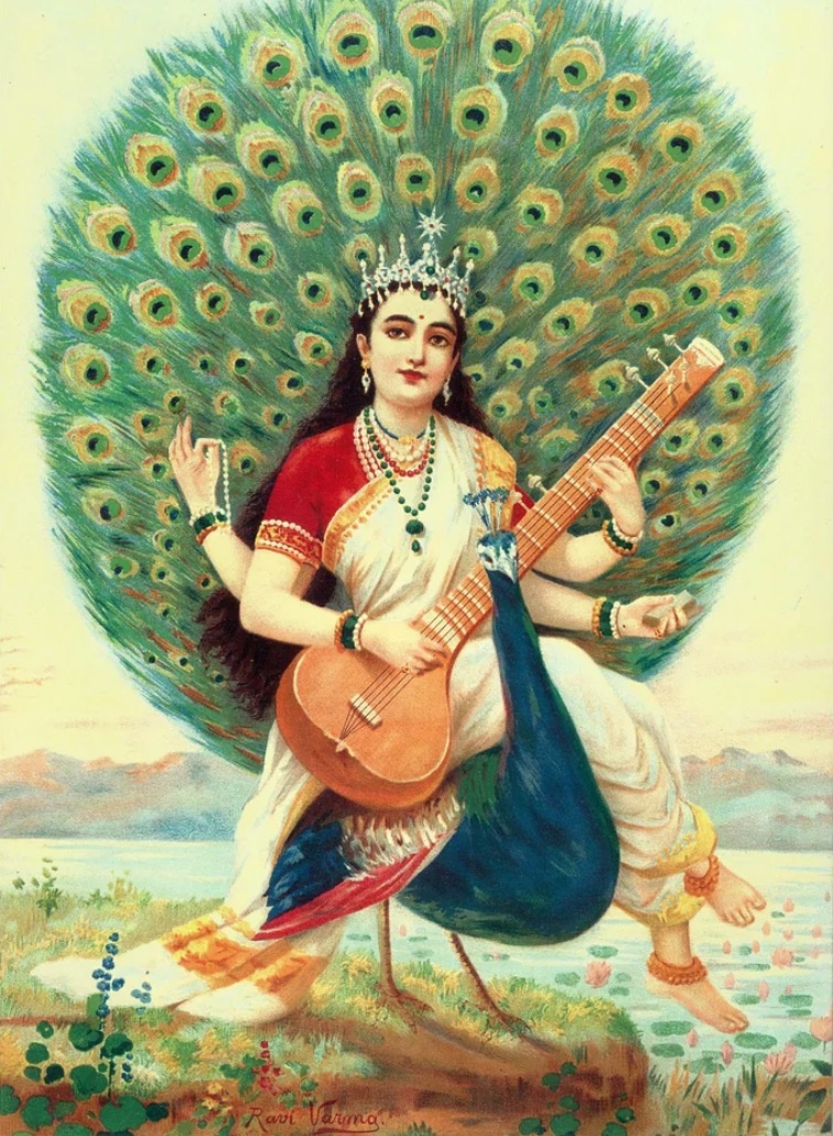 Dessin de la déesse hindoue Saraswati jouant de la cithare, illustrant l'initiation en Inde, l'alchimie de l'âme et le parcours de Clotilde Le Grand.