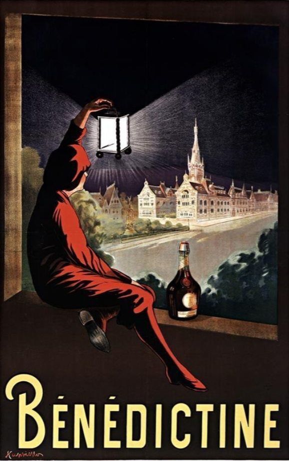 Affiche historique de la liqueur Bénédictine à Fécamp illustrant la transmission familiale.